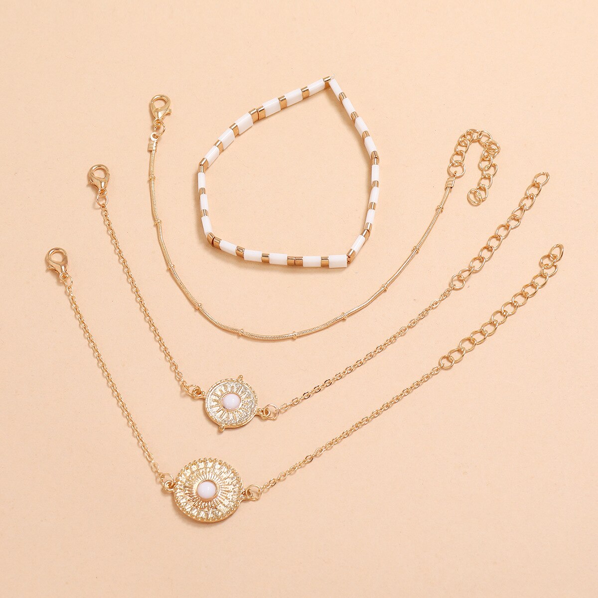 jewelry with gold resin rhinestone sun flower clip bead chain white square elastic bracelet 4 piece set