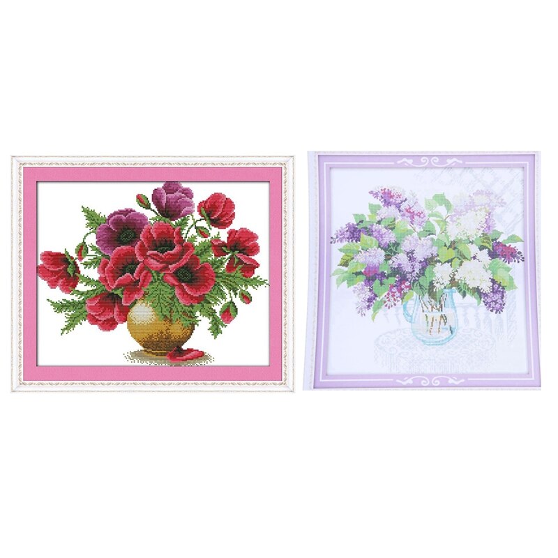 2 Set DIY Hand Knitting Cross Stitch Kits Patterns Embroidery Set 14CT Home Decoration, 1 Set 49x52Cm Purple Lilac Pattern & 1 S