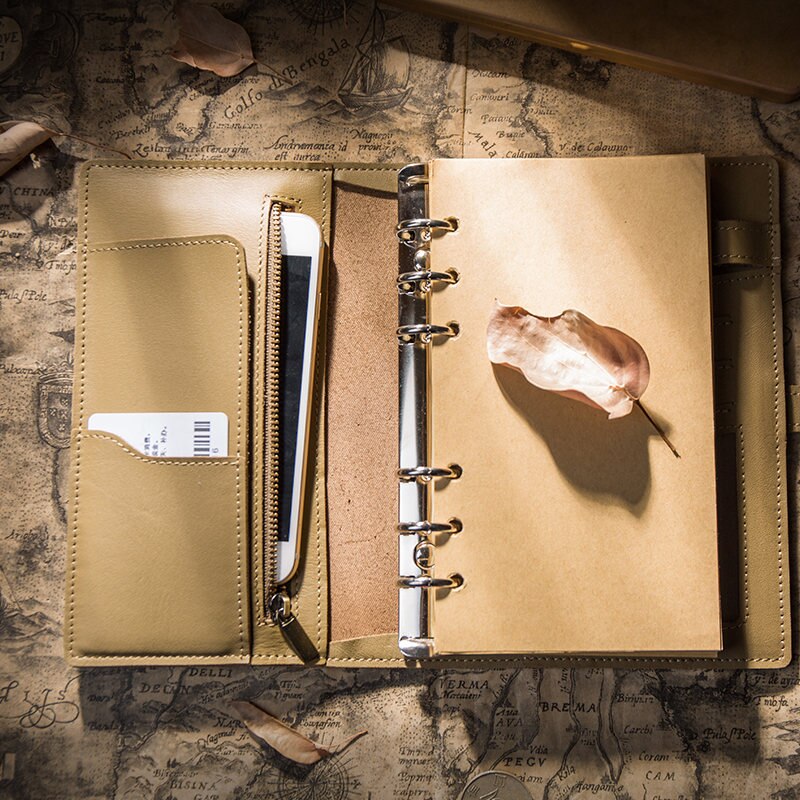 IPBEN Leather Notebook Travelers Journal Travel Planner a5 Note Book Diary filofax Handmade Calendar Postcard Stickers