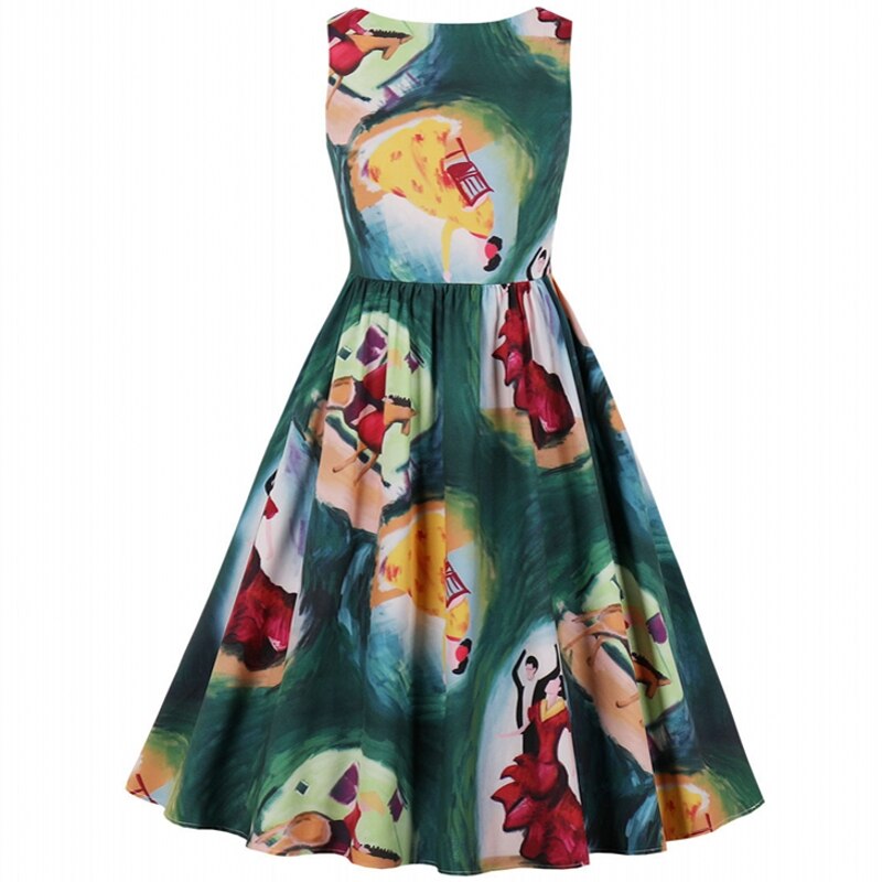 Summer Sleeveless Women Clothing Retro 50s 60s Cartoons Print Midi Dress Female Rockabilly Party Dresses Vintage Tunic Vestidos: S