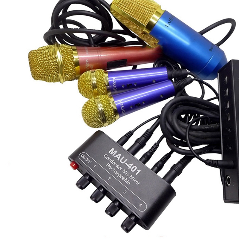 Mini Audio Mixer Condenser Microphone Mixer Four-In-One Microphone Amplifier for Computer Mobile Phone Live Sound Card