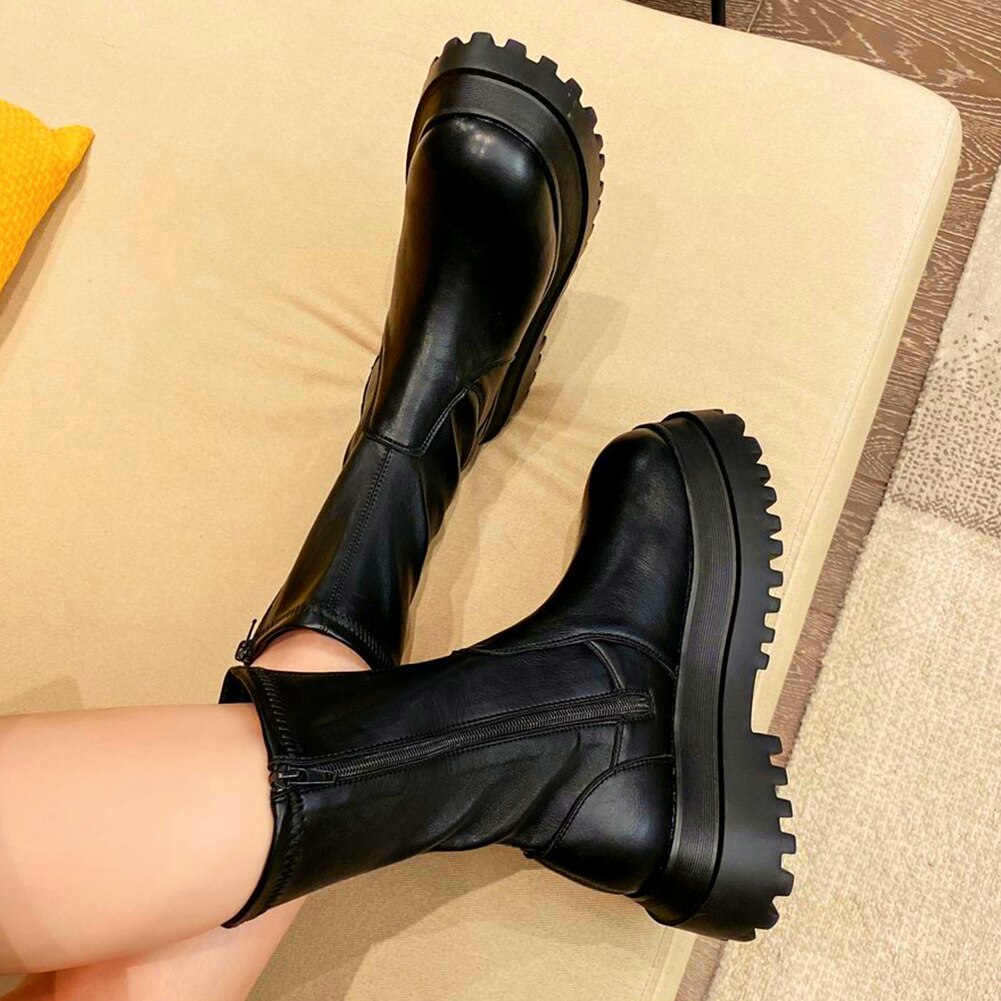 herbst Neue Luxus Mitte-kalb Stiefel Frauen Kühlen Hohe Plattform Stiefel Keile Schuhe Frau: Schwarz kurz / 5
