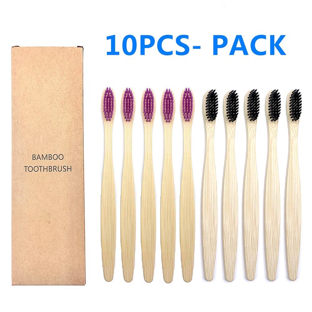 10-Pack Bunte Natürliche Bambus Zahnbürste Umwelt Holz Regenbogen Bambus Zahnbürste Mundpflege Weichen Borsten: 5 Purple 5 Black