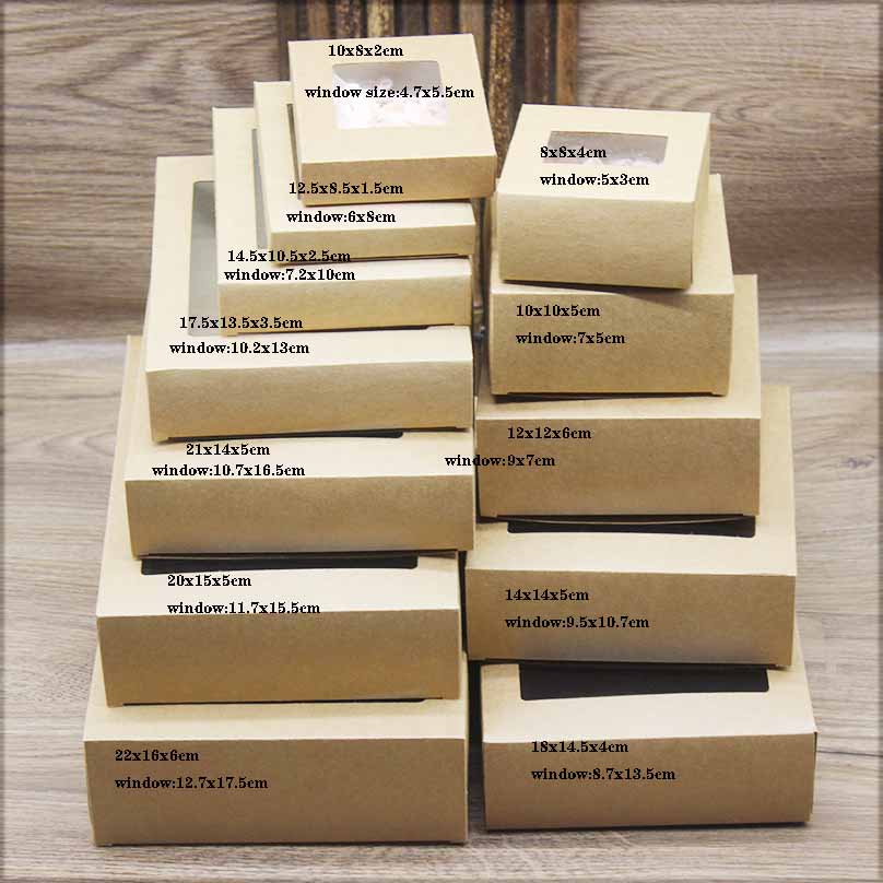 10 Stück DIY Jahrgang Kraftpapierbox mit Fensterpapier-Geschenkbox, Kuchenverpackung, Hochzeitsfamilienversammlung, Muffinverpackung,