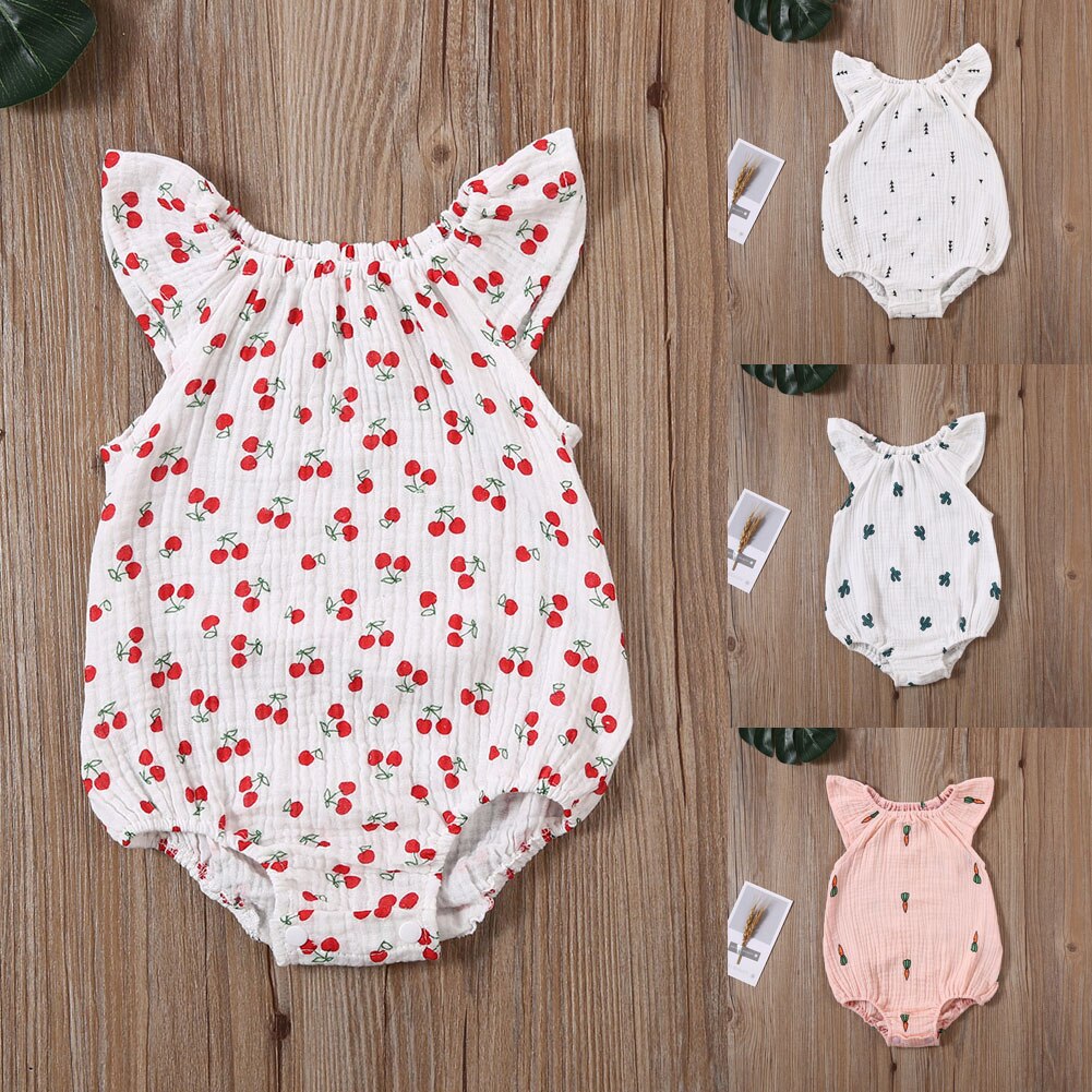 Bomuld linned baby piger romper tøj sommer blomsterprint flue ærmer småbørn børn jumpsuit one-piece outfits soldragt tøj