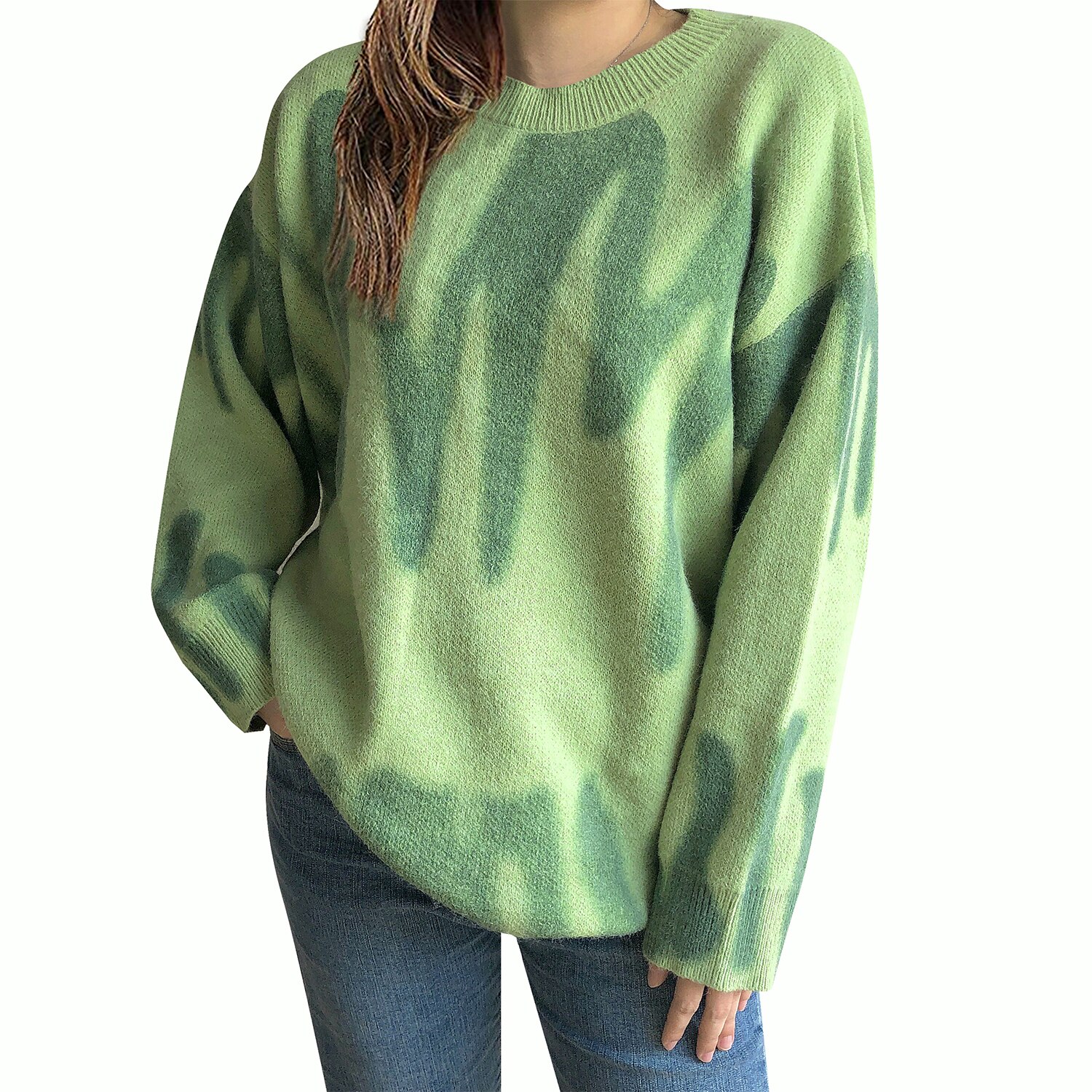 Grønn print strikket genser kvinner vintage grønn stripet genser overdimensjonerte gensere kvinner streetwear løse lange gensere sueter