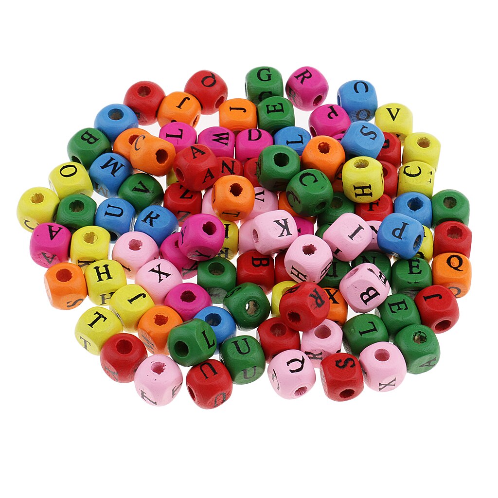 100 Stuks Multicolor Wit Houten Alfabet Letters Kubus Kralen voor Kids DIY Ambachten 10mm