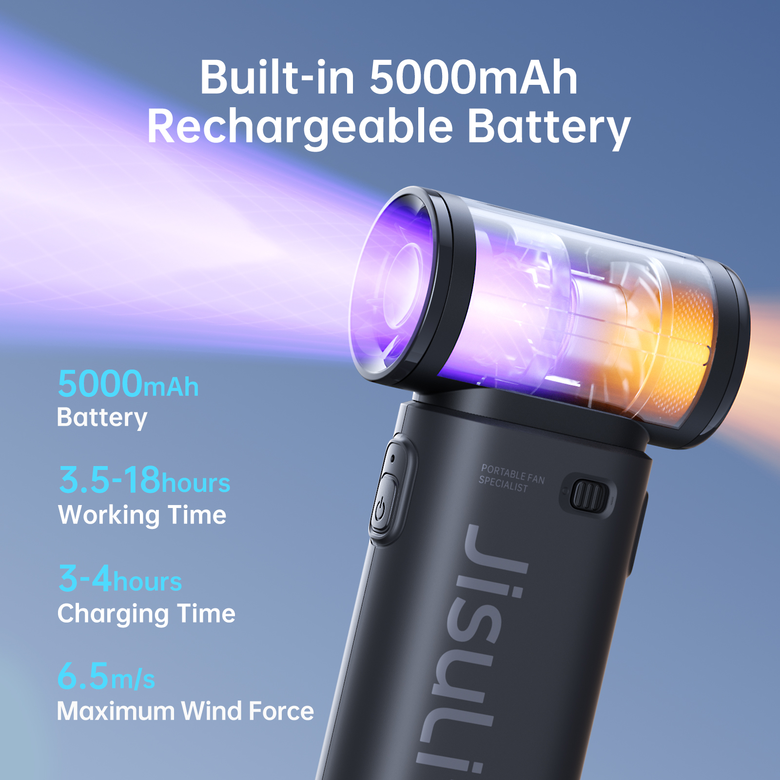 JISULIFE Hand-Turboventilator, superstarker Wind, 5 Geschwindigkeiten, lange Akkulaufzeit, 5000 mAh, wiederaufladbar über USB, Mehrzweck-Taschenventilator
