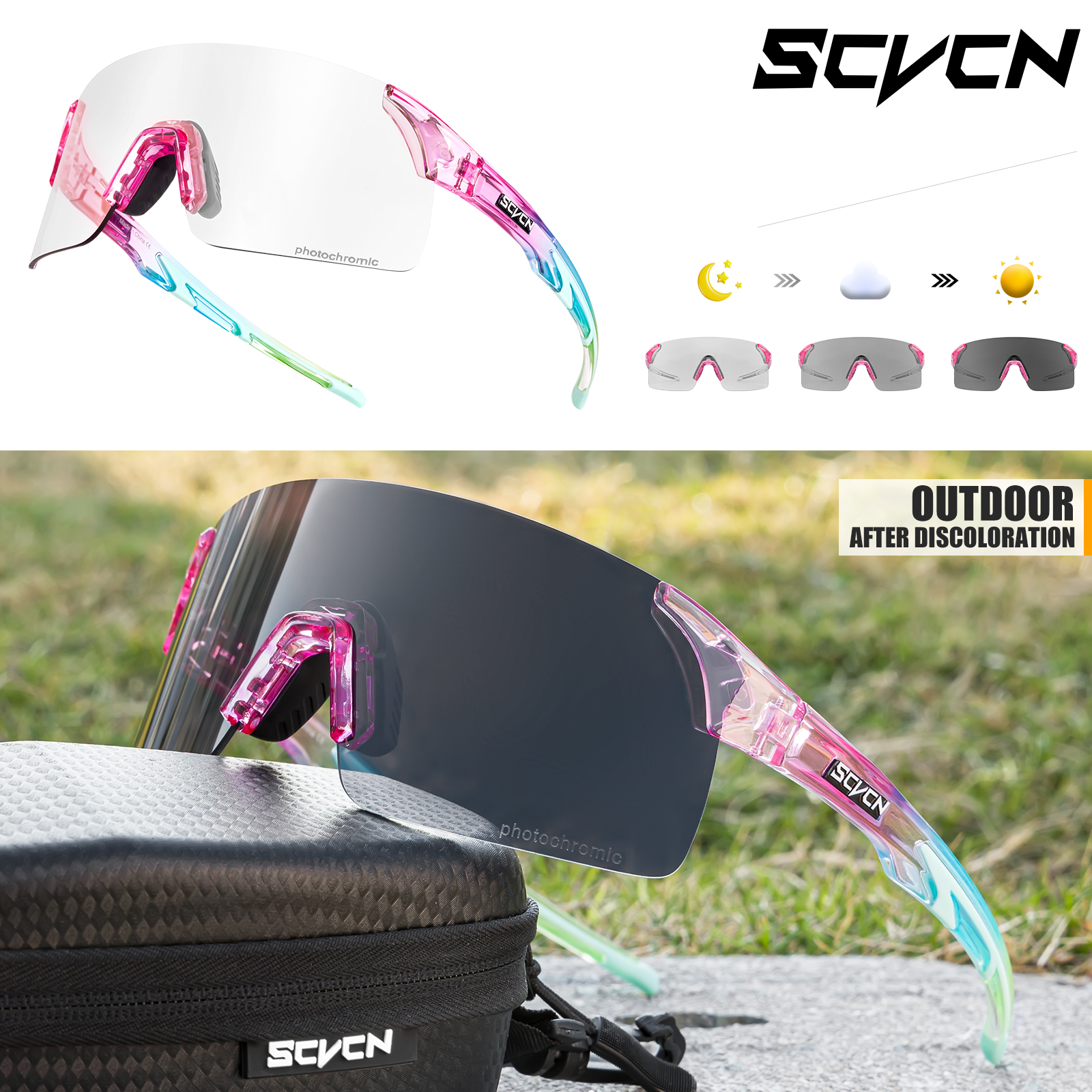 SCVCN-gafas de sol fotocromáticas para hombre y mujer, lentes para escalada, deportes al aire libre, ciclismo, conducción, bicicleta: Rojo