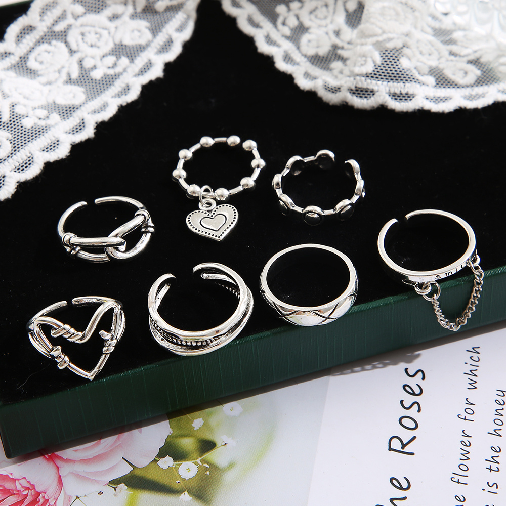 7 stks/set Mode Hart Ketting Ring Set Voor Vrouwen Metaal Zilver Kleur Geometrische Holle Vinger Ring Trendy Sieraden 2023