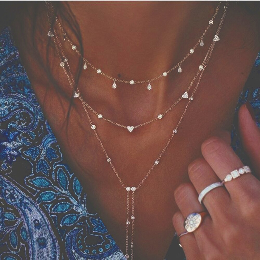 Vintage Crystal Geometry Star Moon Lock Necklace For Women Boho Multi-level Pendants Necklaces Chokers Jewelry