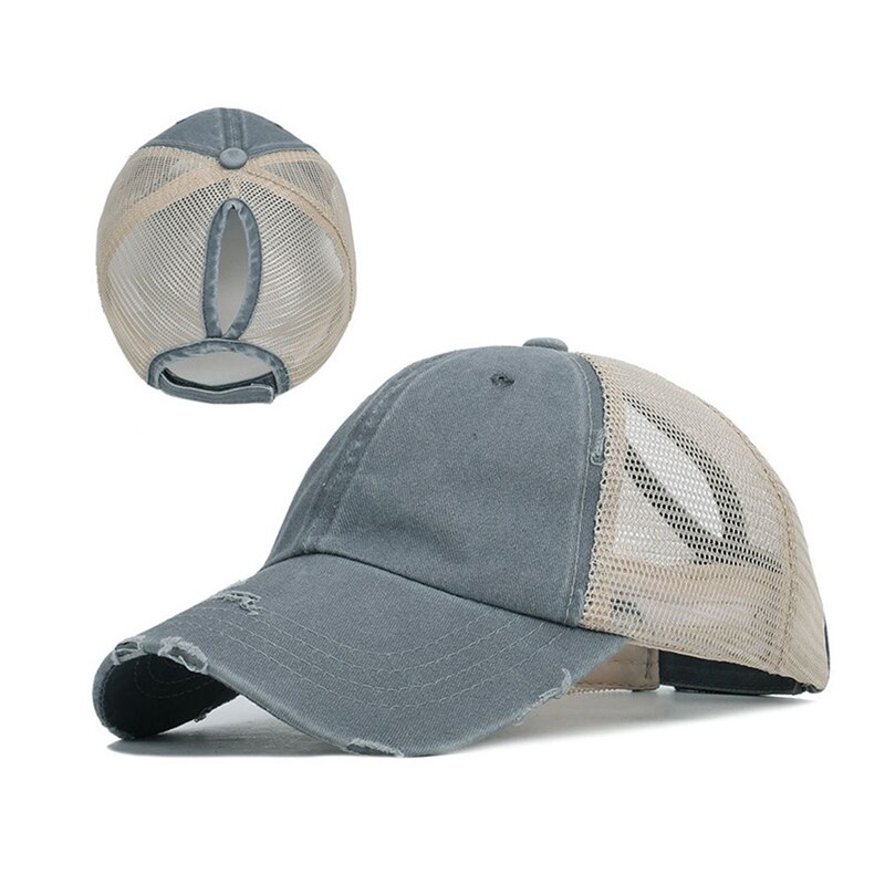 Gorra de béisbol con cola de caballo desgastada para mujer, gorro de béisbol con cola de caballo desgastada, algodón, estilo camionero, Snapback, sombrero de satén con visera brillante,: Gris