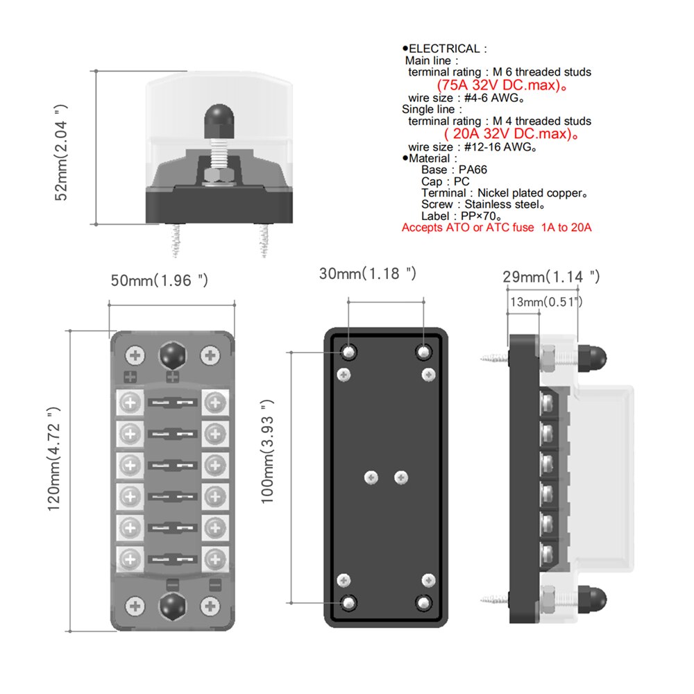 6 Circuit Fuse Block W/Negative Bus - 6-Way Fuse Box With Ground With Negative Bus & Protection Cover Bolt Connect Terminals