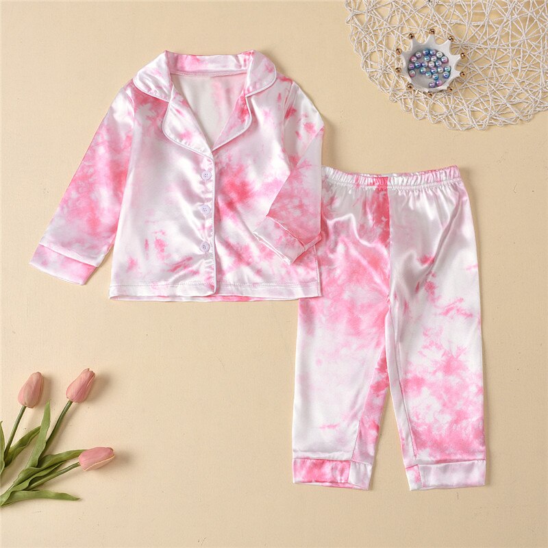 Børn dreng pige satin pyjamas sæt tie dye print revers lange ærmer knapper skjorte top+bukser 2 stk baby nattøj jakkesæt