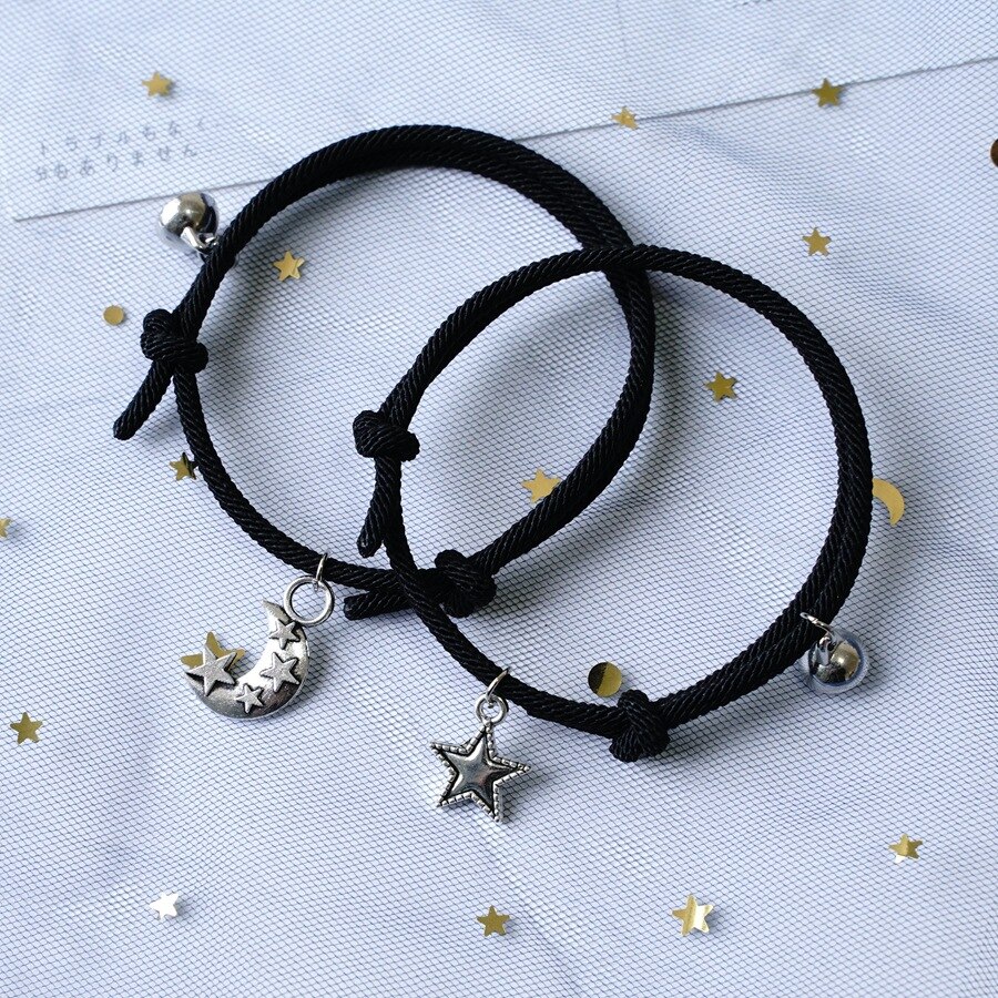 2 pçs estrela lua magnética casal pulseira conjunto para homens mulheres na moda artesanal corda corrente amizade pulseira ajustável jóias: C-B