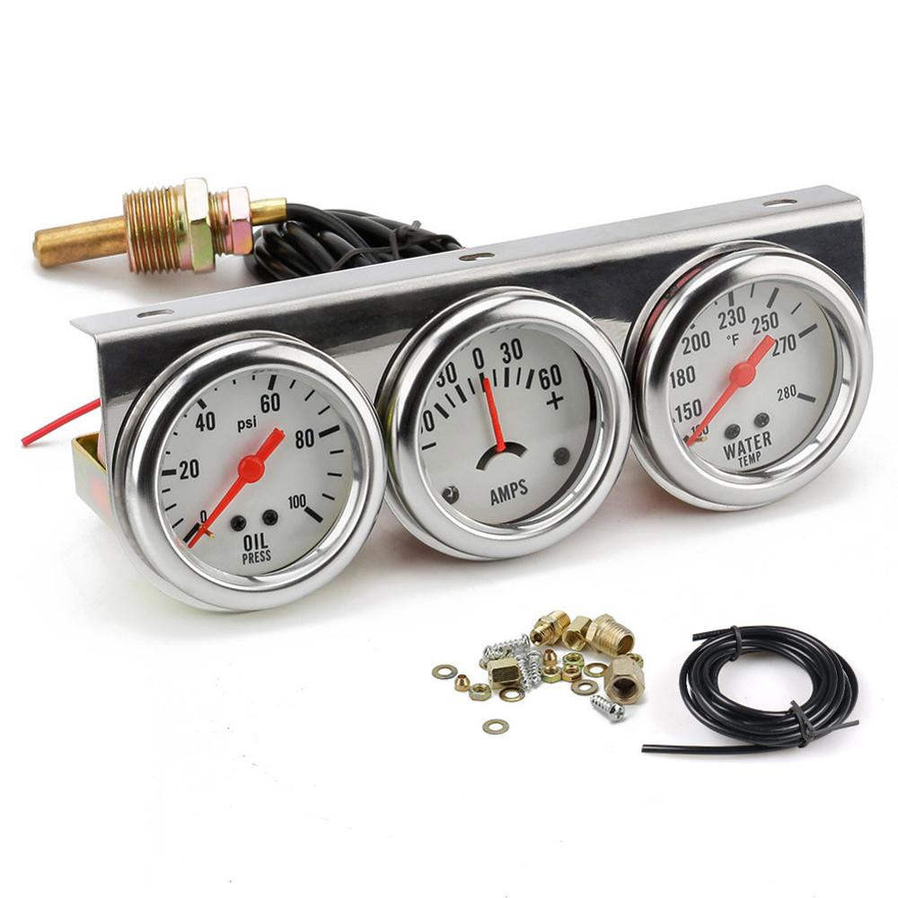 2 inch Chrome Panel Oil Pressure gauge Water Temp gauge Amp Meter Triple Gauge kit Set White Face Car meter