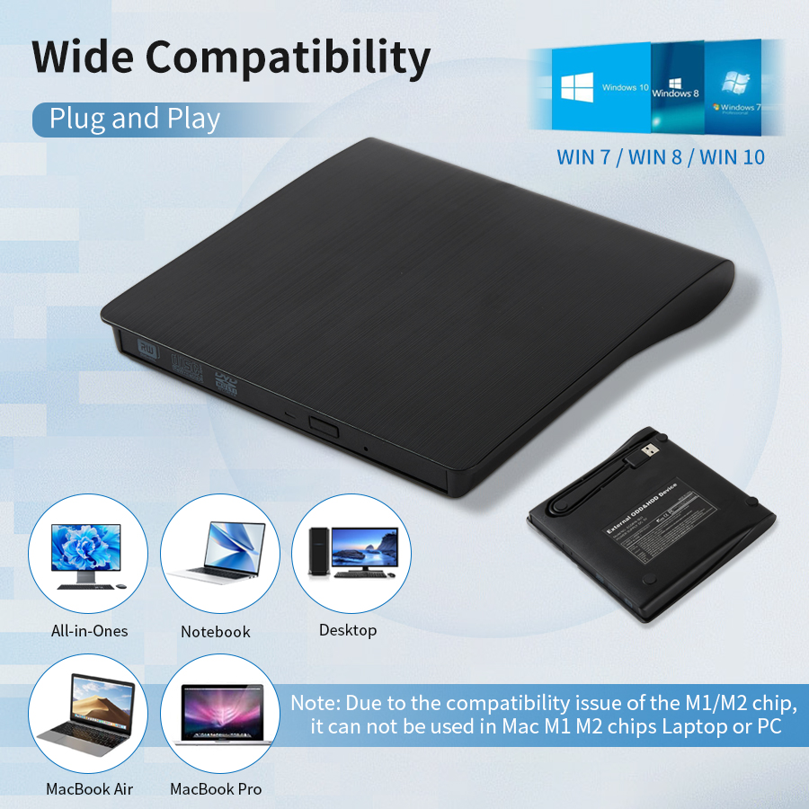 Portable External CD DVD Drive USB 2.0 Slim Optical Drive Burner CD Player DVD-ROM Optical Drives for Laptop Desktop PC Computer