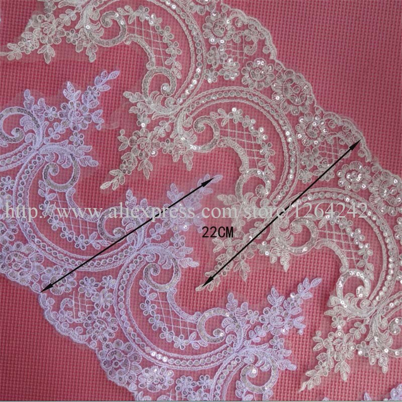 Delicate 9 yards 22 cm pailletten ivoor/witte stof bloem Venise Venetië kant trim applique naaien ambacht voor bruiloft december LW0333