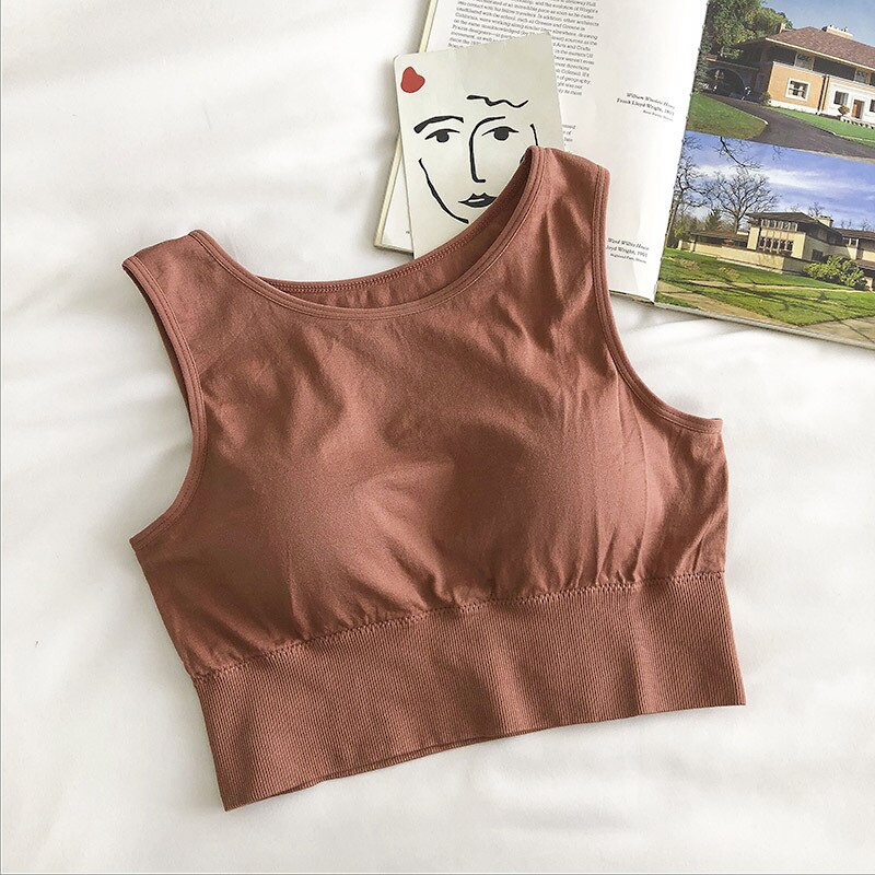Original sømløs sportsvest dame tank tops samlet med stålring fri i ét stykke brystpude sportsryg polstret kvinde: Brun rød