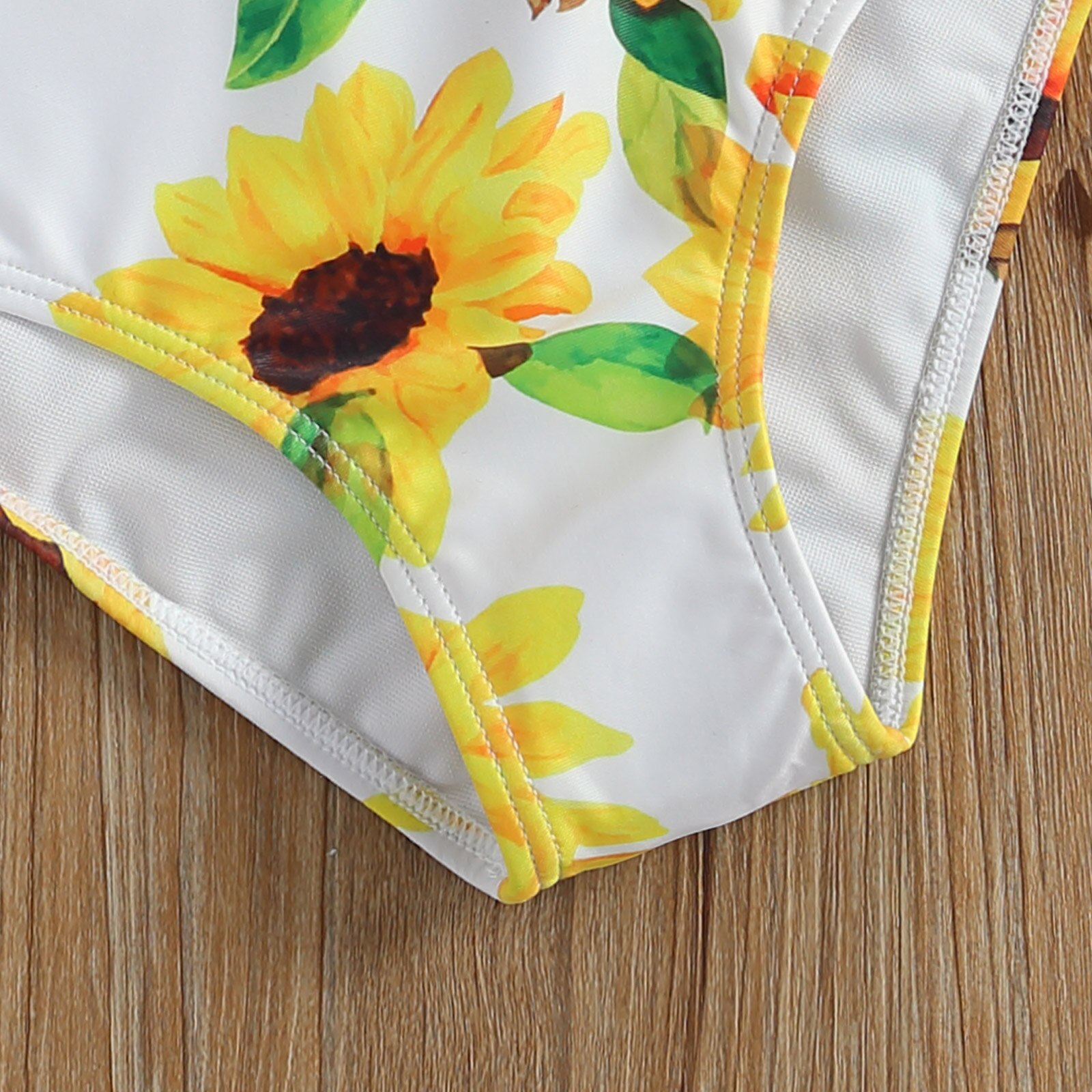 Summer Two-Piece Bikini Set Girls Bathing Suits Round Neck Tie Up Bikini Top + Sunflower Print Swimming Bottoms Swimsuits