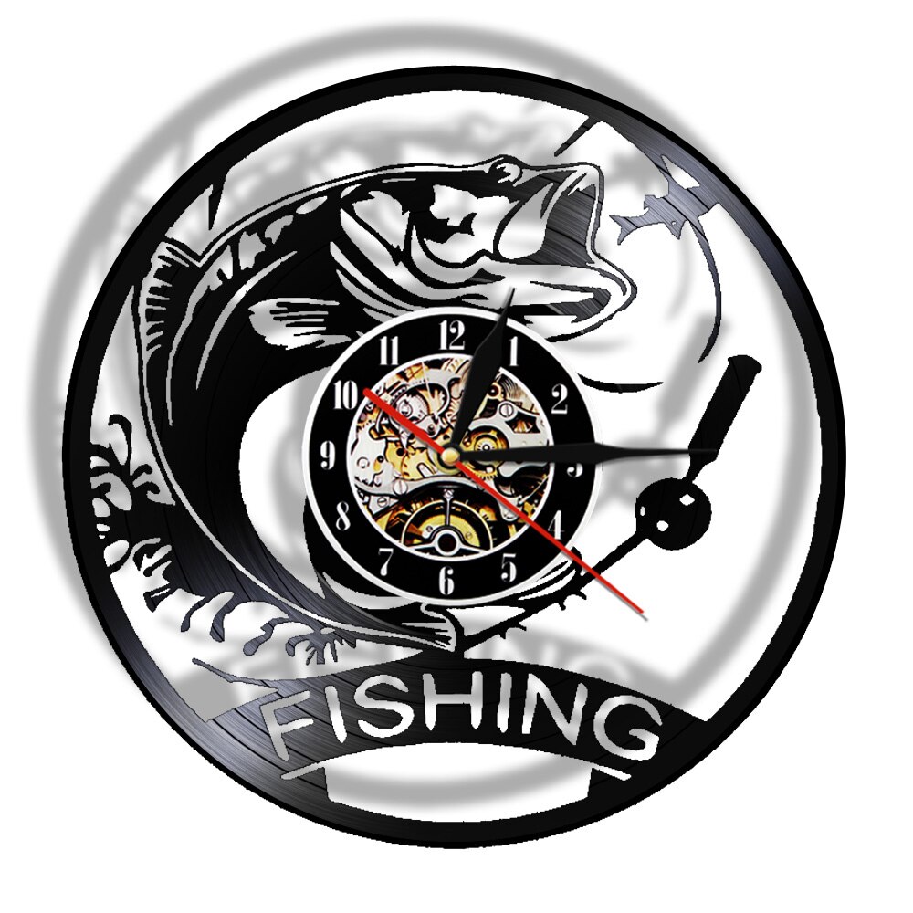 Reloj de pared de pesca hecho de disco de vinilo Real, lámpara de luz nocturna LED de pez mecánico, reloj de cocina moderno, de pescador: Without LED