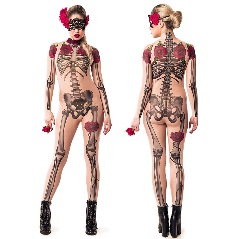 Halloween Festival Skull Print Jumpsuit Nightwear Women Turtleneck Long Sleeve Bodycon Jumpsuit Clubwear Sleepwear