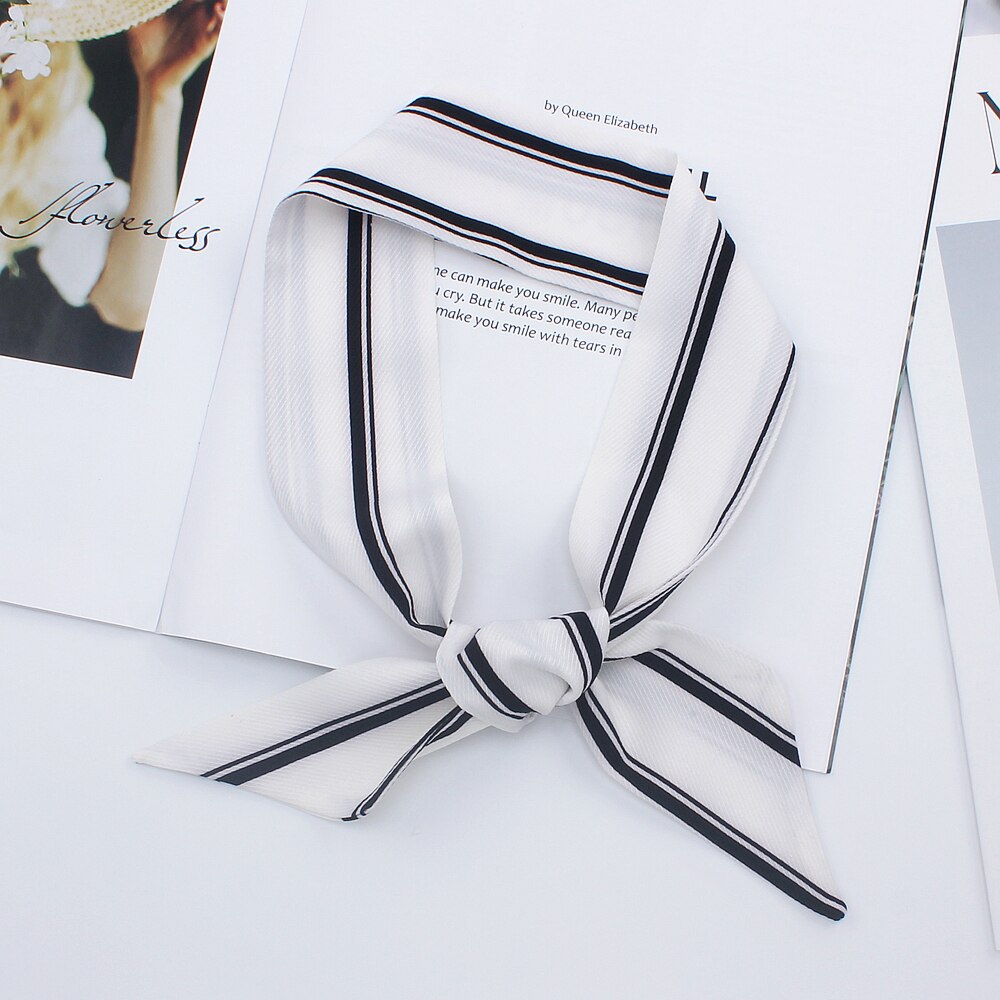 90cm*5cm Long Small Thin Stripe Print Skinny Scarf Luxury Brand Silk Scarf Women Bag Head Scarves For Ladies Tie: white