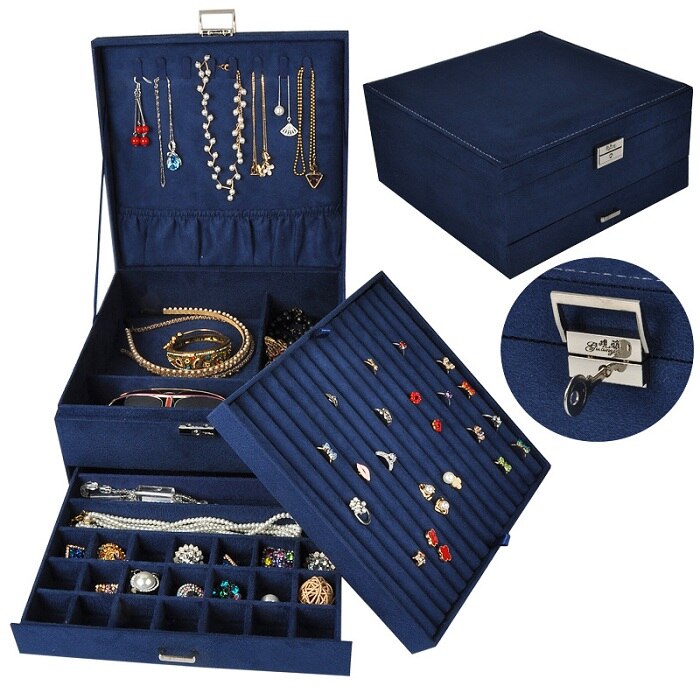 Style Luxury Jewelry Boxes 3 Layers With Lock Large Space Organizer For Ring And Necklace Velvet Jewelry Holder 4 Color: Navy