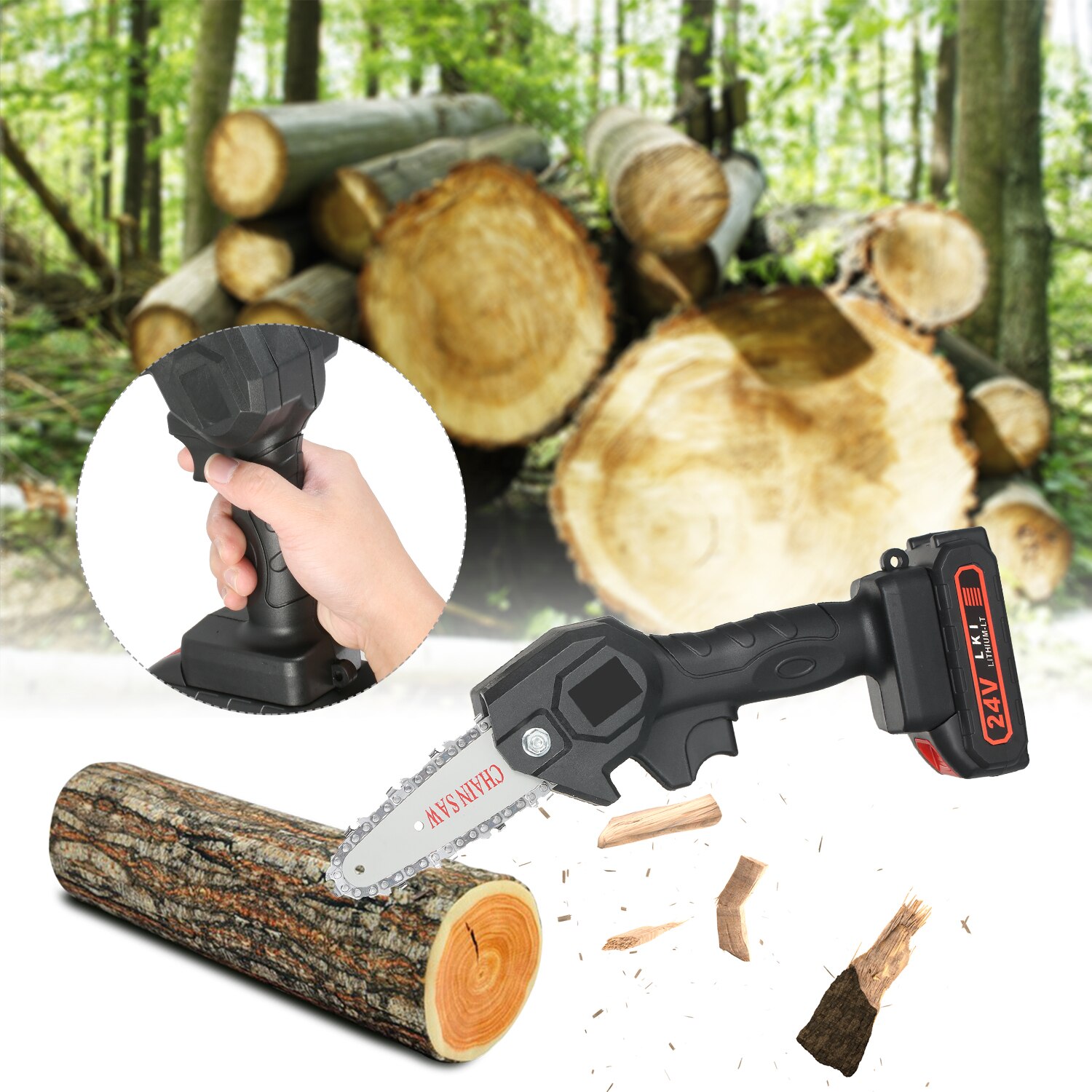 24V Chainsaw 4-Inch 2x1500mAh Cordless Power Chain Saws Portable Electric Pruning Saw for Courtyard Tree Branch Wood Cutting