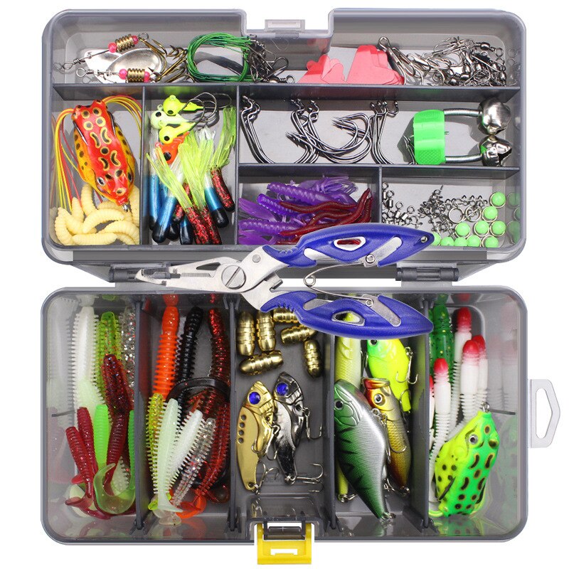 Multi fiskeri lokkesæt spinner crankbait minnow popper vib blød hård ske crank lokkemad fiskekroge tilbehør til redskabsboks: 169 stk
