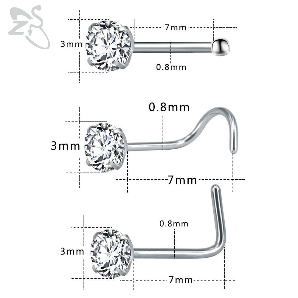 Zs piercing de nariz em aço inoxidável 3-12 porcelana, conjunto de pino redondo, estrela, coração, cristal cz, nariz, 3mm, forma de l, joia de piercing 20g