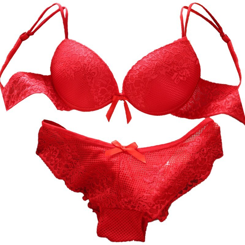 Red Women Bras Ladies Bow Cozy Thin Underwire Padded Push Up Lace Bra Panties Sets