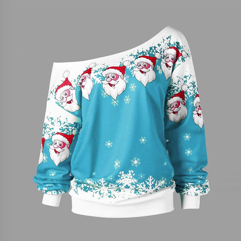 Plus Size Women Sweatshirt Merry Christmas Santa Claus Print Skew Collar Sweatshirt Blouse Xmas Printed Tops Christmas