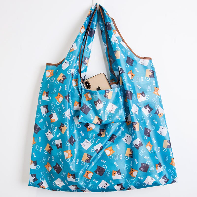 ECO Polyester Reusable Tote Foldable Shopping Bag Women Men Travel Shopper Package Buy vegetables traveling sho: C bule cat