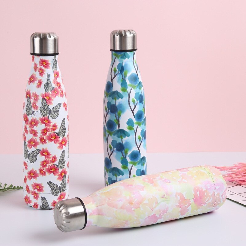 Floral Wood Water Bottle BPA Free Marble Insulated Cold Cup Coffee Mug Leak-proof Water+Bottles Stainless Steel Thermos Flask