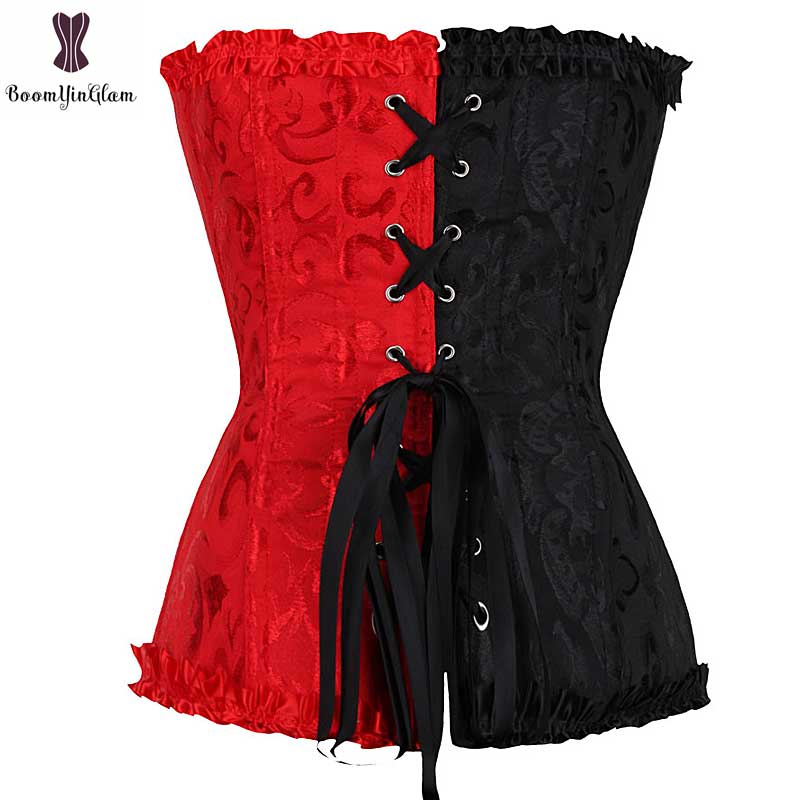 Bloemen Corset Laciness Rits Bustier Elastische Uitgebeend Plus Size Gothic Korset Nacht Clubwear Corselet Side Red Side Zwart