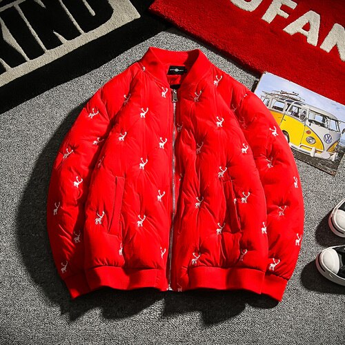 Japansk jakke menn vinter parka hjort broderi termisk hip hop jakker for menn store szie merke baseball krage kåpe: Rød / Xxl
