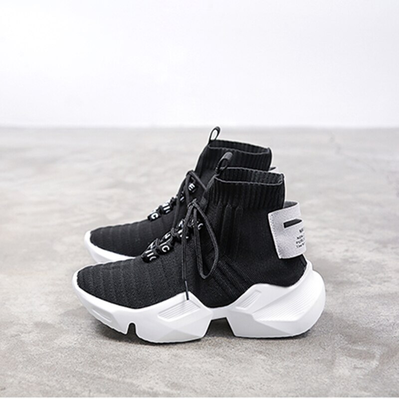 Forår high-top platform sko kvinder chunky sneakers air mesh casual kvinder sko hvide sneakers sok sko kvinde: Sort / 38
