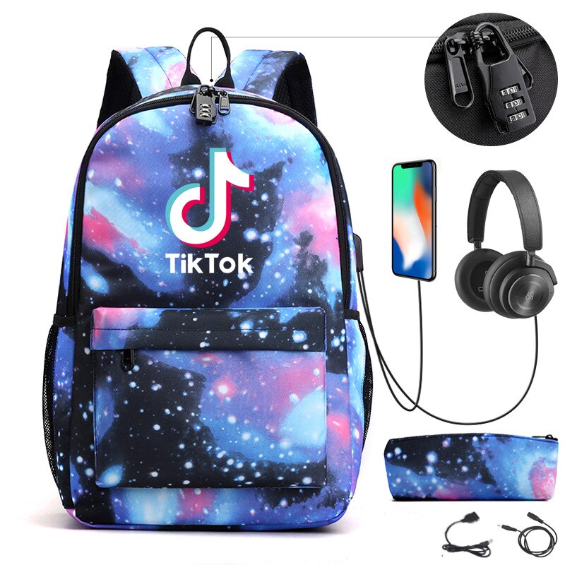 Tik Tok Rugzak Usb Charge School Rugzakken Jongens Meisjes Tik Tok Tieners Laptop Tassen 2 Stuks Reizen Rugzak Met Ketting