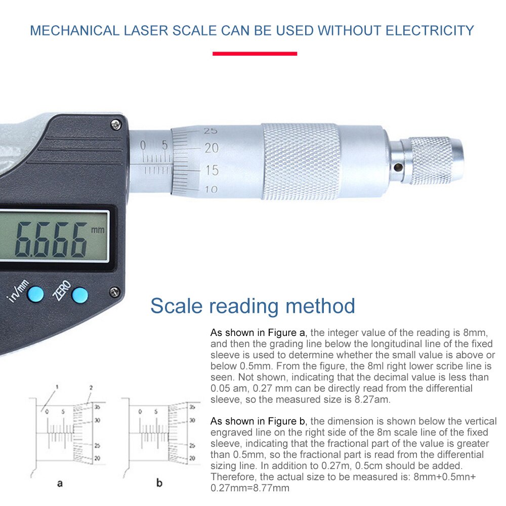 0.001mm Electronic Digital Micrometer 0-25mm 3 Buttons Metric/inch Electronic Outer Diameter Micrometer Carbide Tool
