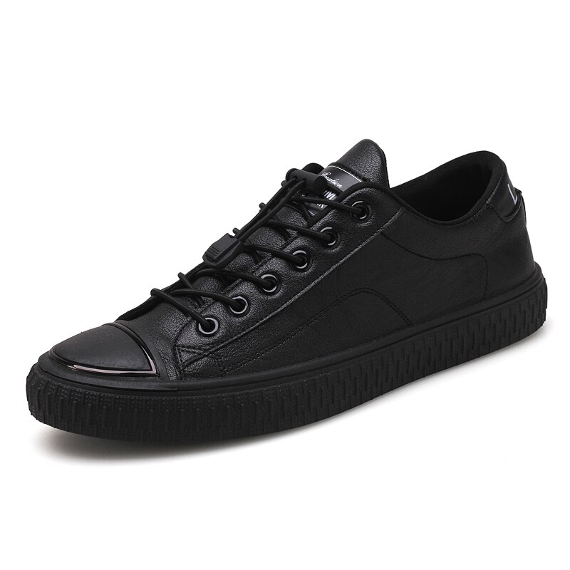 Qwedf mænd fritidssko pu læder sneakers mænd lejligheder vulkaniserede sko udendørs zapatos de hombre sort  a8-102: Sort / 8