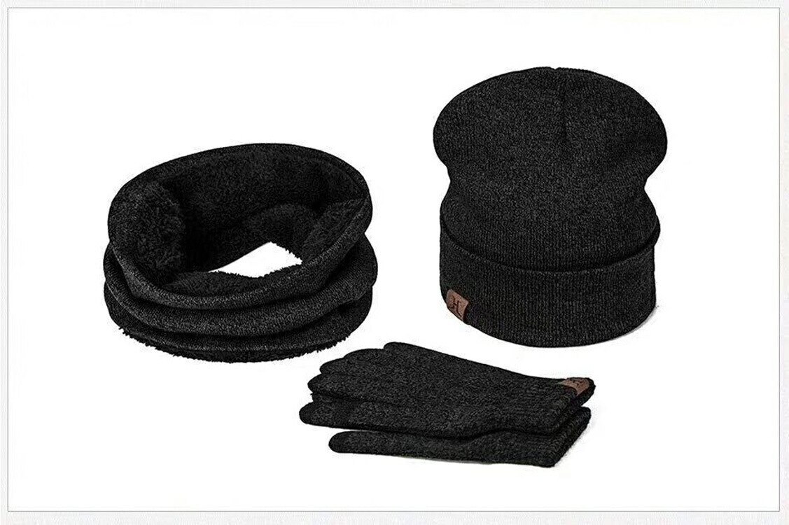 Zou.Rena sombreros de invierno bufandas guantes Conjunto de de Punto más terciopelo sombrero bufanda conjunto Kit masculino 3 unids/set gorros bufanda guante: Black
