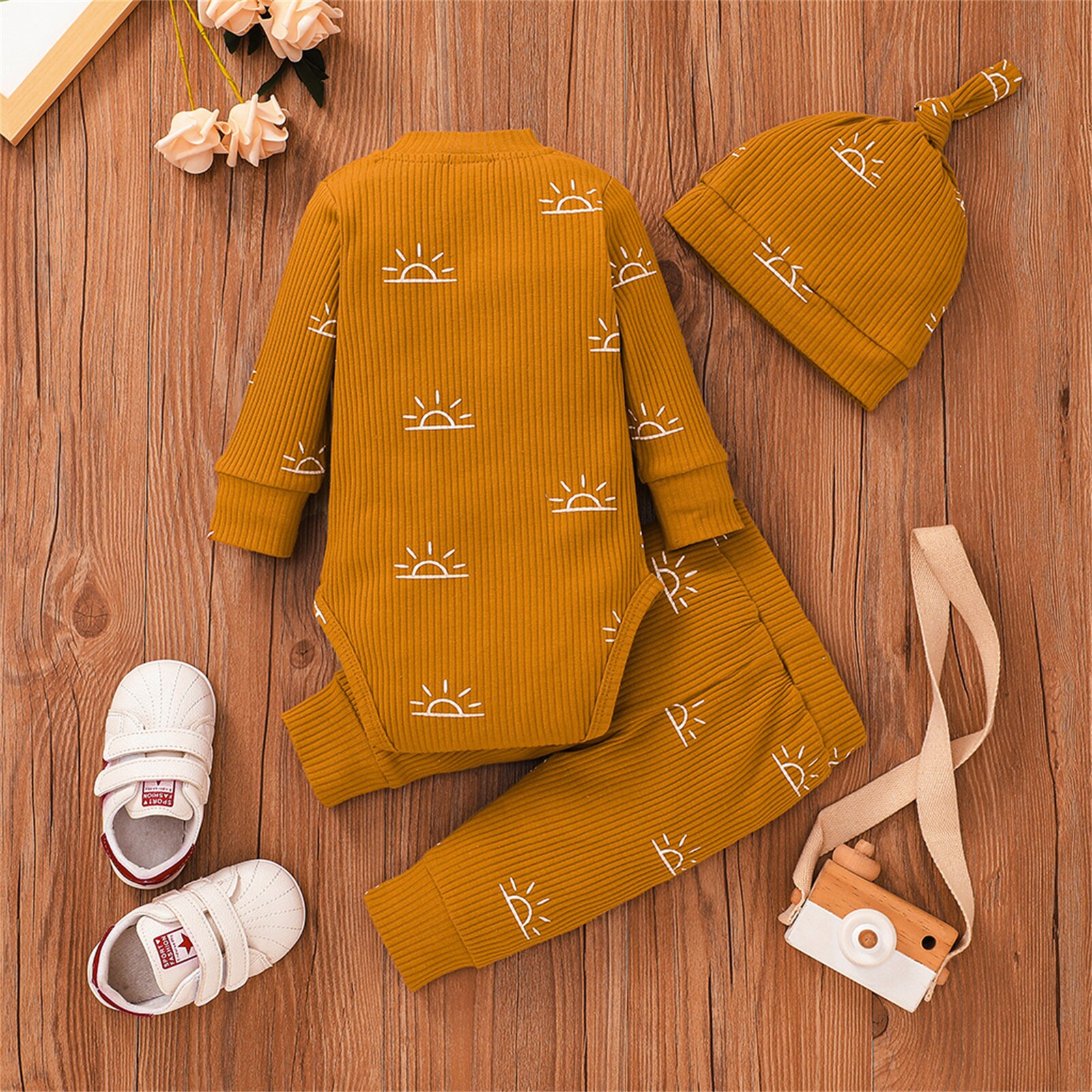 PatPat 3-piece Baby Boy Sun Print Button Ribbed Long-sleeve Romper, Elasticized Pants and Cap Set