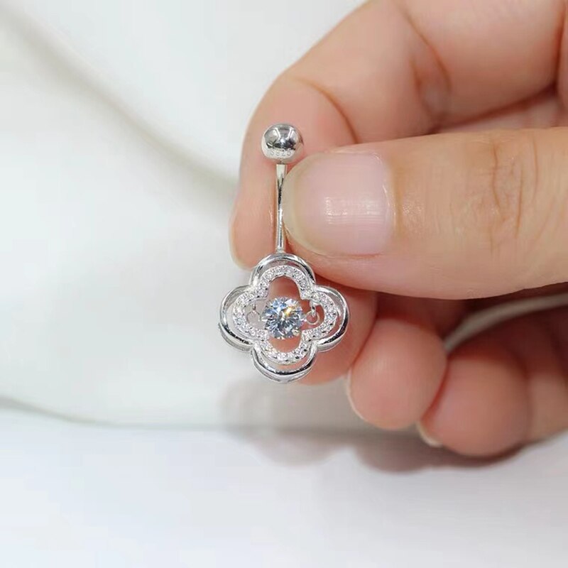 925 Sterling Silver Piercing Navel Smart Clover Belly Button Rings Body Jewelry Rose Gold Platinum Color Decoration