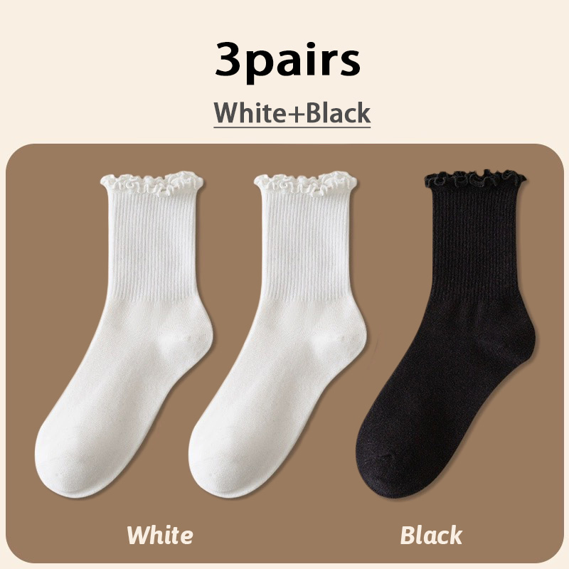 Calcetines con volantes para mujer, 3 par/lote, tubo medio hasta el tobillo, Calcetines blancos y negros transpirables, Calcetines femeninos para primavera y otoño: Castaño