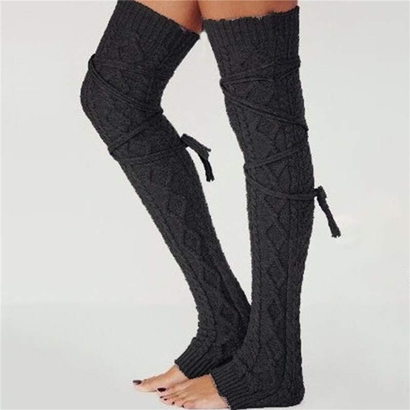 Winter Women Long Leg Warmers Knitted Knee High Stocking Solid Thermal Beenwarmers Ladies Leg Warmers: Black