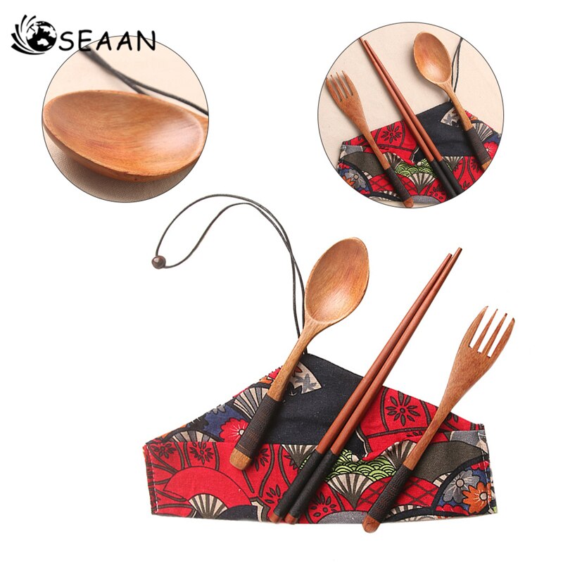 3 pièces fourchette cuillère baguettes ensemble cuisine bambou couverts ensemble en bois paille vaisselle ensemble avec sac en tissu voyage couverts ensemble gadgets