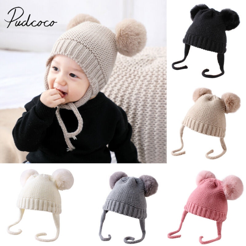 ¡Novedad de ! Accesorios para bebés, gorros de lana tejidos con cinta, gorros cálidos para el invierno para niños y niñas, gorros de lana tejidos con bola peluda