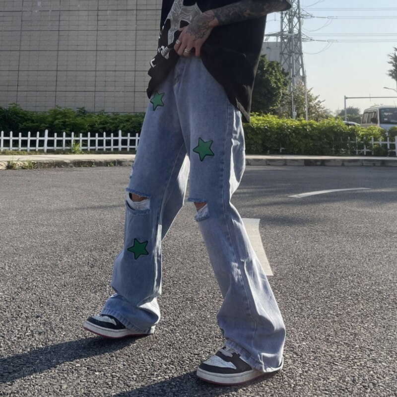 Pu wyszywane litery poszarpane dziury proste dżinsy dla mężczyzn główna ulica myte retro łączone dorywczo spodnie jeansowe luźne ponadgabarytowe