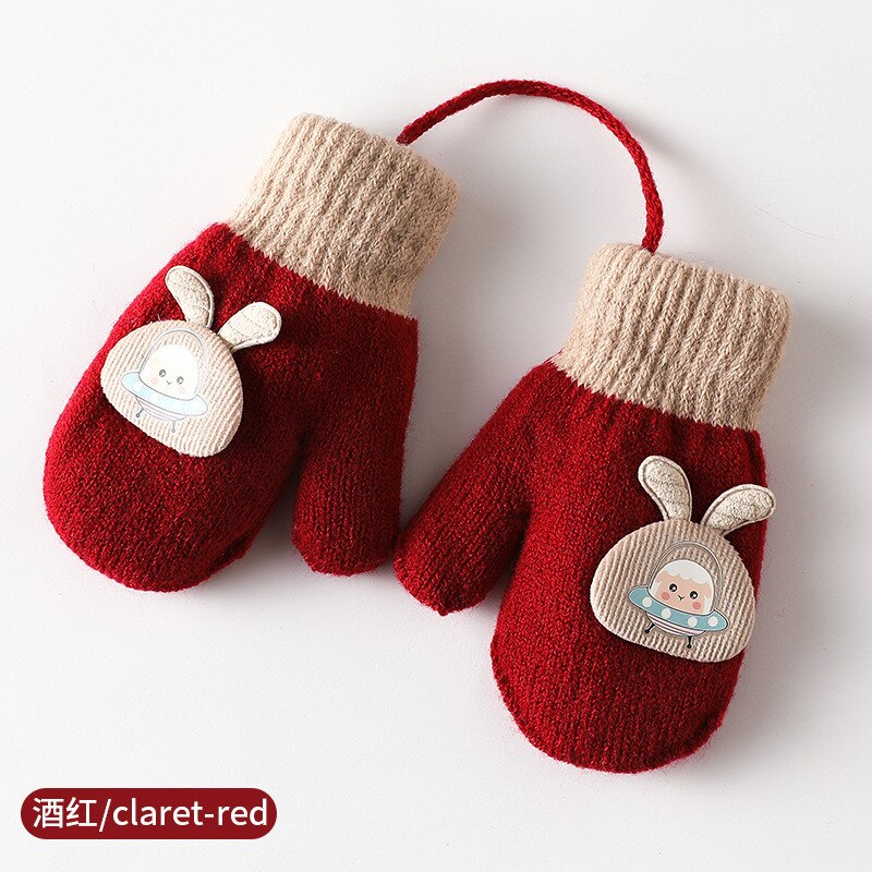 Guantes de dibujos animados para niños, manoplas suaves y cálidas, de punto, accesorios de Navidad: Wine